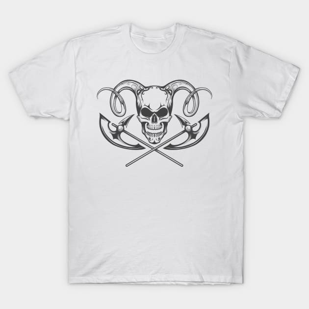 Skull with Ram Horns and Axes T-Shirt by devaleta